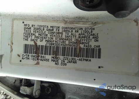 2005 Toyota Corolla Le z USA, uszkodzony, nr VIN JTDBR32EX52056063